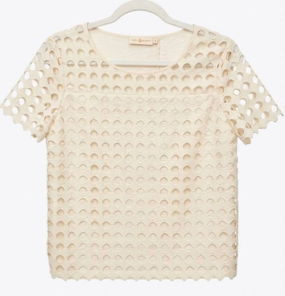 Tory Burch womens small cream eyelet top linen blend shirt